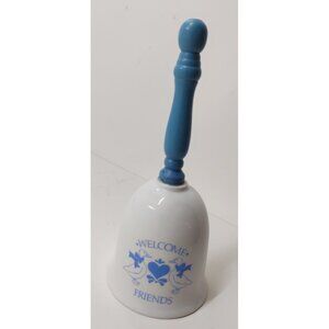 Vintage "Welcome Friends" Ceramic Hand Bell | Blue Wooden Handle Duck DecoR